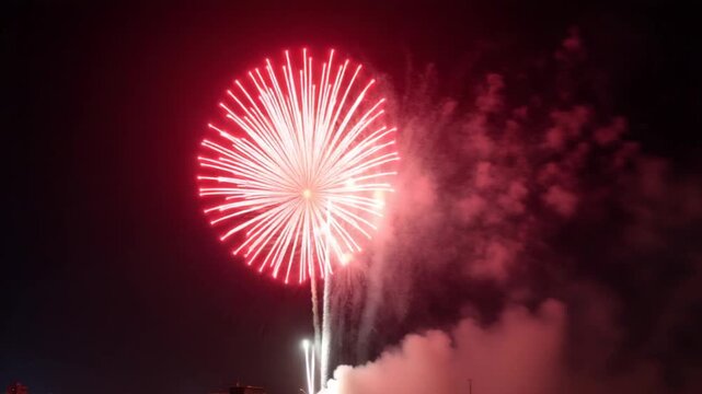 bright colorful festive fireworks display at the celebration of pyrotechnic show in night sky
