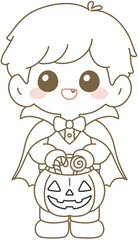 Cute Little Dracula Boy Coloring Page – Halloween Line Art Illustration