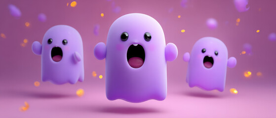 Fototapeta premium Purple cartoon ghosts with joyful expressions float on pink background