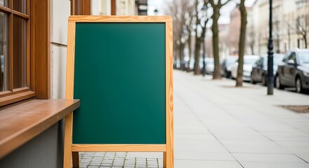 Empty Green Chalkboard Sign on City Street