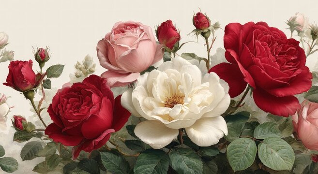 A botanical watercolor illustration of roses in various shades, some open, some buds