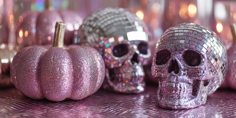 Glittery pink pumpkins and disco skulls create festive Halloween vibe
