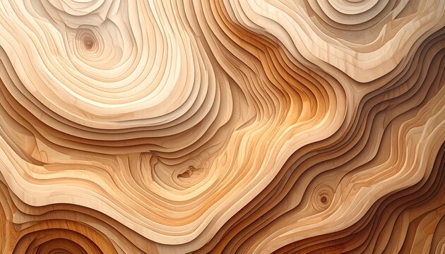 A detailed view of layered wood grain, showcasing intricate, undulating patterns and rich, natural tones.