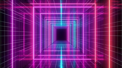 An endless neon-lit tunnel with a grid pattern, creating a retro sci-fi aesthetic.