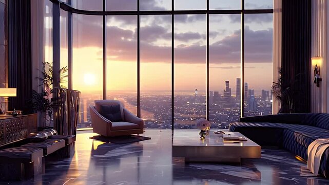 Stunning modern penthouse highrise living room chair sofa panoramic window 4k AI generated video. Luxury penthouse sunset cityscape modern apartment interior design.