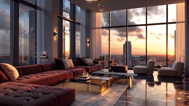 Brown sofa armchairs coffee table warm lighting modern penthouse apartment 4k AI generated video. Panoramic window view luxurious penthouse apartment elegant interior design 4k AI generated video.