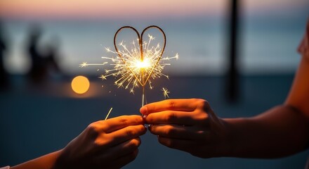 Sparkling heart held between loving hands at sunset creates magical romantic moment