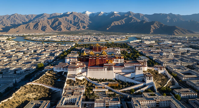 Aerial drone view of Potala Palace and Lhasa cityscape in Tibet China