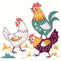 Charming cartoon illustration of a rooster and two hens walking in a stylized grassy field