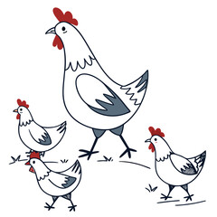 Charming hand drawn illustration of a mother hen leading her chicks across a grassy field