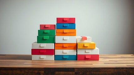 Colorful package boxes neatly stacked on a wooden table, showcasing modern packaging design.