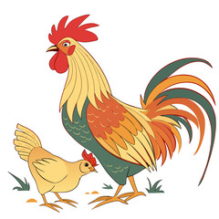 Stylized illustration of a proud rooster standing next to a hen in a grassy field