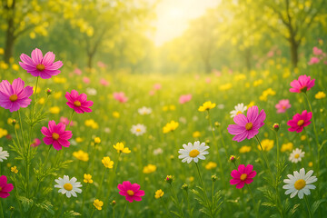 Obraz premium Colorful Summer Wildflower Meadow in Golden Sunshine