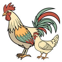 Stylized illustration of a proud rooster standing next to a hen on a white background