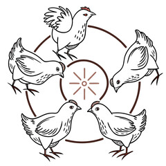 Stylized illustration of a rooster and four hens arranged in a circular pattern with a decorative element