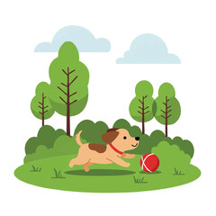 Fototapeta premium A cheerful flat 2D vector illustration depicts a cute dog joyfully chasing a vibrant red ball in a sunny green park with simplified background trees, featuring clean outlines and vivid colors.
