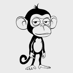 Black silhouette drawing of a monkey, cartoon illustration, vector, white background