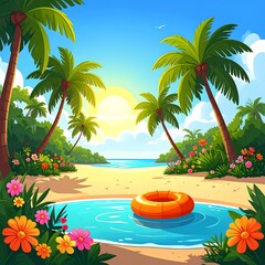 Obraz premium Tropical beach scene with orange inflatable ring