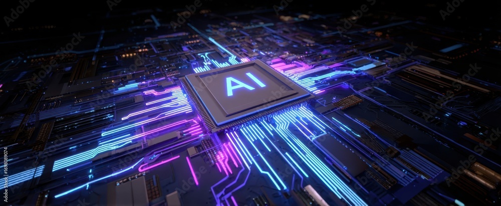 Poster The AI chip glowing on a futuristic neon circuit board representing advanced artificial intelligence technology