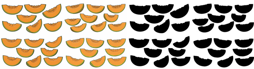 Cantaloupe slices and silhouettes with transparent background