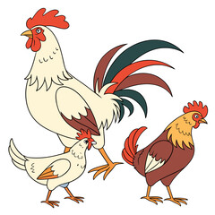 Three stylized cartoon chickens including two roosters and one hen standing together