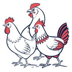 Three stylized cartoon chickens with red combs and tails walking together on a white background