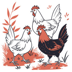 Three stylized chickens and rooster standing in a field with red foliage and grass