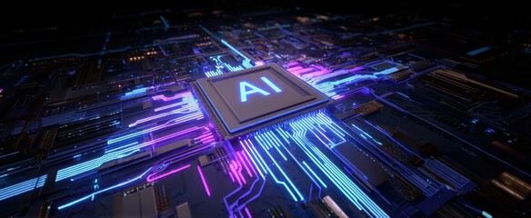 Fototapeta premium The AI chip glowing on a futuristic neon circuit board representing advanced artificial intelligence technology