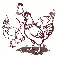 Three stylized line art chickens standing and pecking on the ground in a farm setting