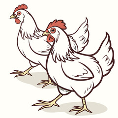 Two white chickens with red combs and wattles walking side by side on a plain background
