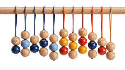 Row of Hanging Wooden and Colored Bead Ornaments on a White Background beads wooden beads