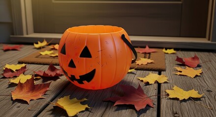 Spooky jack-o-lantern bucket awaits trick-or-treaters on a porch surrounded by fall leaves