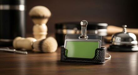 Green Business Card Mockup in Barber Shop Setting