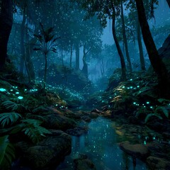 Bioluminescent jungle with alien wildlife glowing, cinematic tones