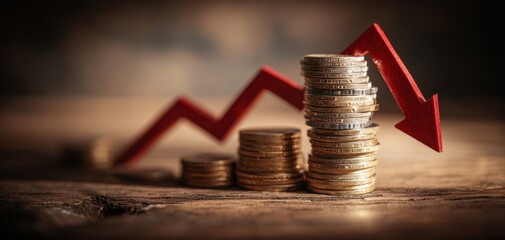 The coin stacks with red arrow indicating financial decline and economic downturn