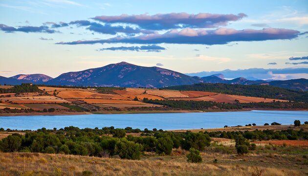 Scenic landscape at sunset over a lake and rolling hills