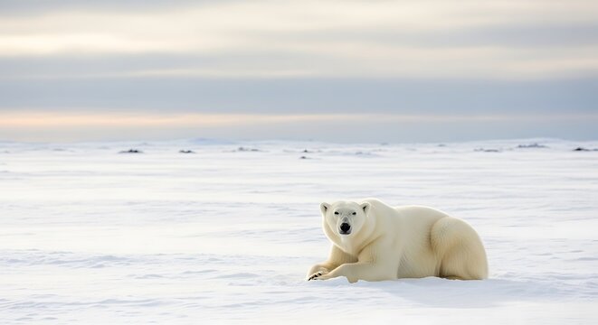 A majestic polar bear rests on the vast, snow-covered Arctic tundra under a soft, cloudy sky.