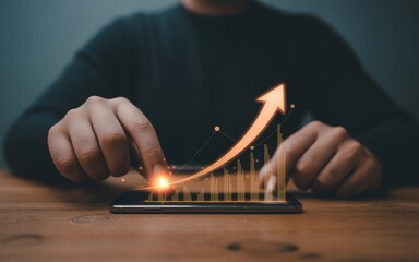Businessman analyzing financial data on a smartphone with a holographic chart showing positive growth, stock market success, and investment profit