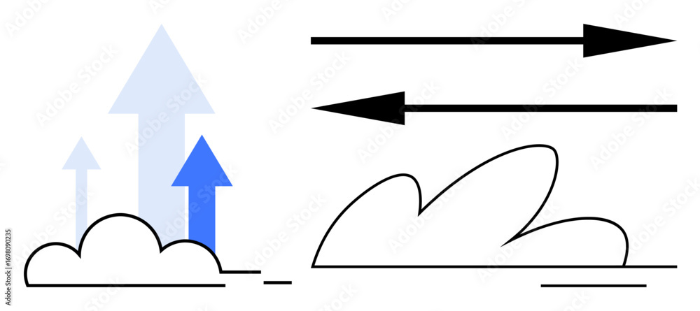 Poster arrows emerging from fluffy clouds with bold parallel arrows in linear motion. ideal for progress, b