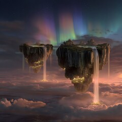 Floating islands with glowing waterfalls, fantasy aurora sky
