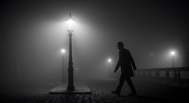 Man walking on a foggy street under a streetlamp.