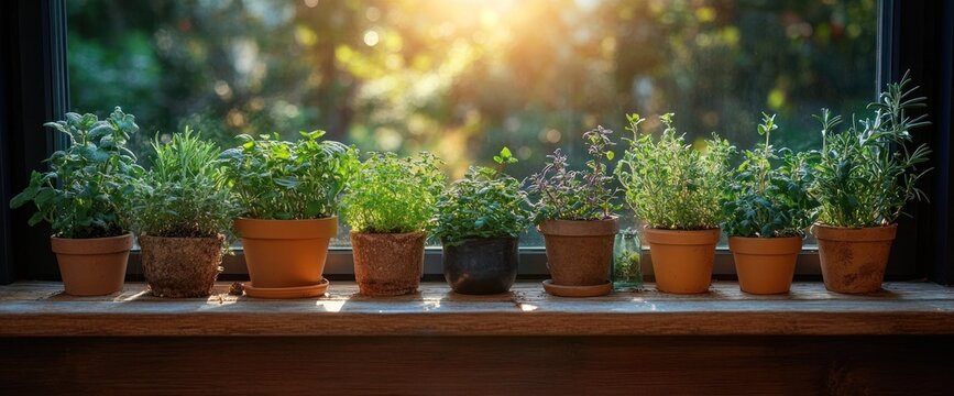 Sunlit herbs in terracotta pots on a windowsill - Powered by Adobe