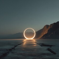 Minimalist black circle glowing on desert floor