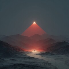 Minimalist desert with glowing red pyramid center