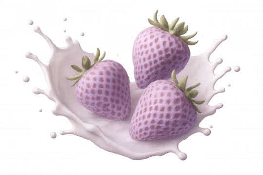 Pink strawberries diving into milky white liquid, forming dynamic splash crown against transparent backdrop