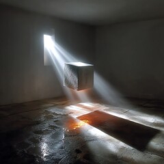 Minimalist floating cube casting glowing shadows