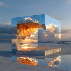 Minimalist mirrored cube reflecting endless sky clouds