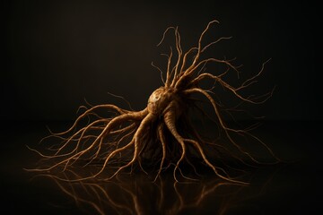 Organic tree root system in dramatic light. Use for sustainability, growth, foundation, and motivational branding campaigns.
