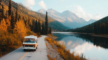 Camper van driving on winding road by alpine lake. Fall autumn vibrant landscape with mountains and forest. Road trip travel concept.