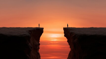Lone woman and man stand on opposing cliff edges separated by a chasm, facing each other at sunset. Communication challenge or relationship disconnect concept.